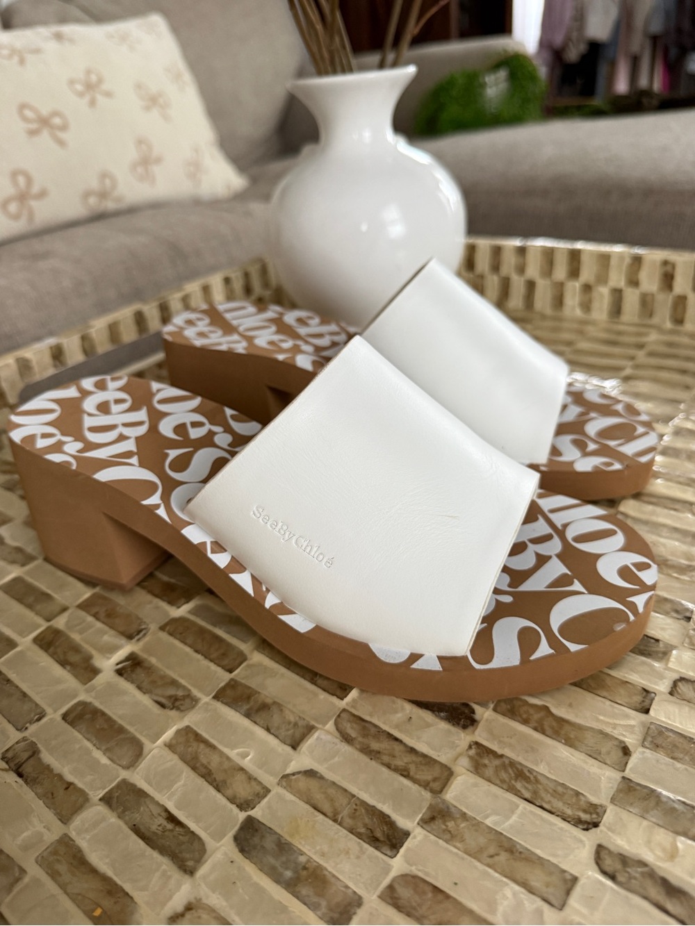 See by Chloé Size 38 White Logo Print Block Heel Slide Sandals